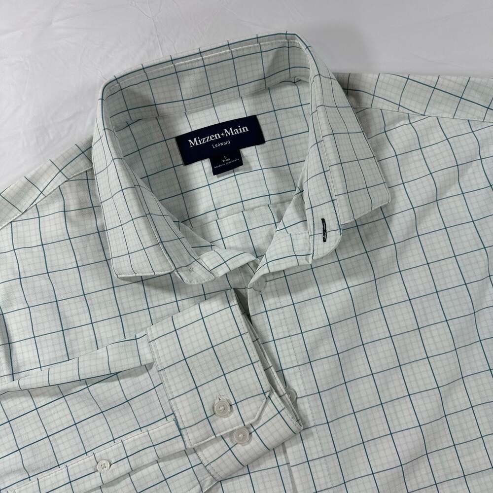 Mizzen+Main Leeward Men's Button-Up Shirt White Blue Plaid Size L Trim Fit